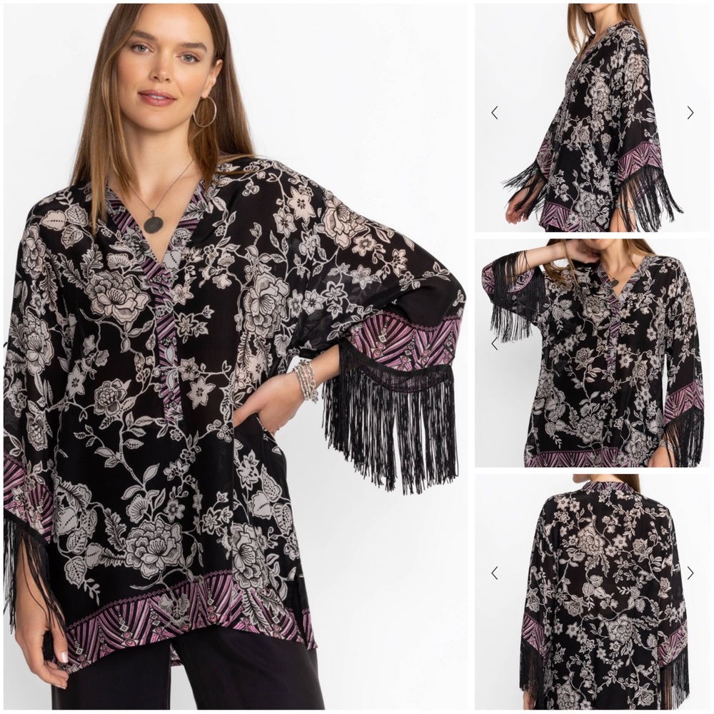 JOHNNY WAS EDINA PINK/BLACK FRINGE BLOUSE 100% RAYON SMALL NWT MSRP $280